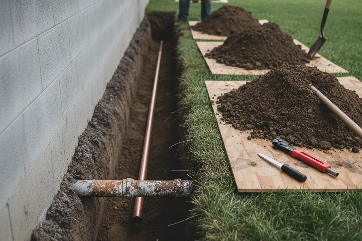 Excavated water line trench during Sewer Line Repair in Belgrade